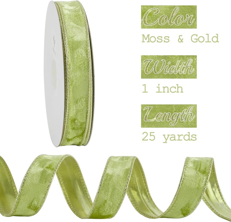 Meedee Moss Green and Gold Velvet Ribbon - 1 Inch Thin Velvet Wired - 25 Yards Spool - Two Tone - Christmas Tree, Gift Wrapping, Wreaths, Bows, Crafts - Image 2